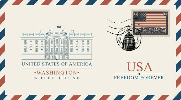 vector envelope with White House and american flag Vector postcard or envelope with famous Washington White House and inscriptions. Postcard with postmark in form of capitol building and postage stamp with flag of USA republic logo pic stock illustrations