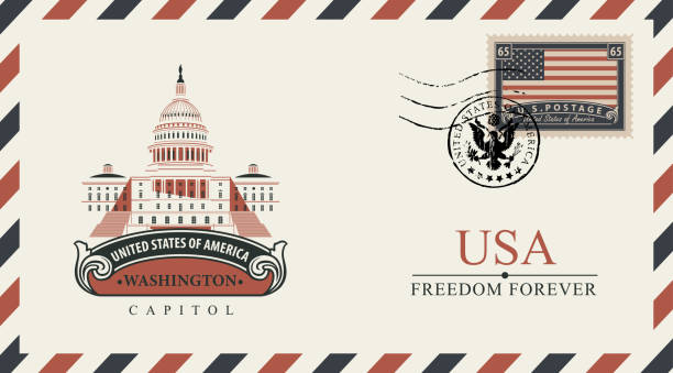 Vector postcard or envelope with famous Washington Capitol building and inscriptions. Postcard with postmark in form of coat of arms and postage stamp with flag of USA
