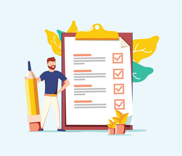 ilustrações de stock, clip art, desenhos animados e ícones de successful completion of business tasks. positive business man with a giant pencil on his shoulder nearby checklist. - stationary document business paper clip