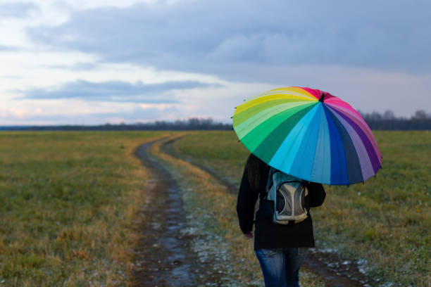 istock Girl with a multi-colored umbrella walking in the field 1134320176