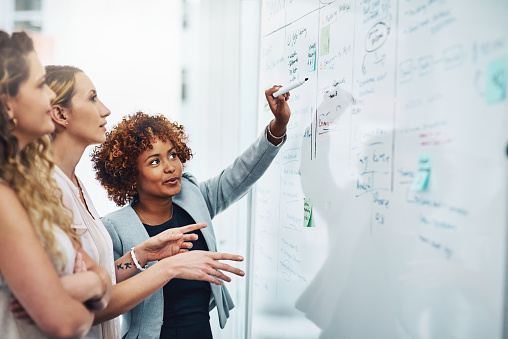 Shot of a group of businesswomen brainstorming notes on a whiteboard in an office