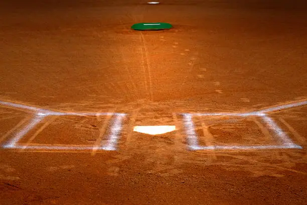 Baseball homeplate with batter box chalk lines in brown clay dirt