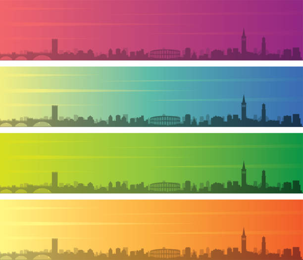 illustrazioni stock, clip art, cartoni animati e icone di tendenza di verona multicolore gradient skyline banner - verona