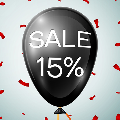 Black Balloon with text Sale 15 percent Discounts over grey background. Vector illustration