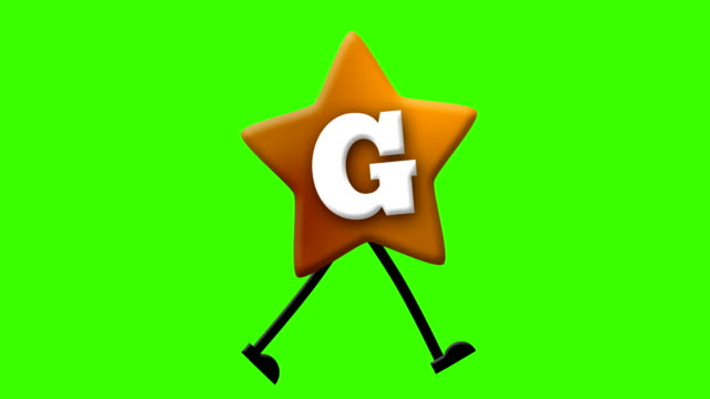 Letter G in Latin alphabet and walking character on greenscreen