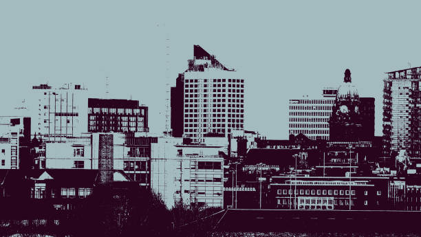 un duotone digitale stilizzato due colori foto paesaggio urbano leeds che mostrano gli edifici moderni municipio e gru da costruzione - leeds england town hall leeds town hall uk foto e immagini stock