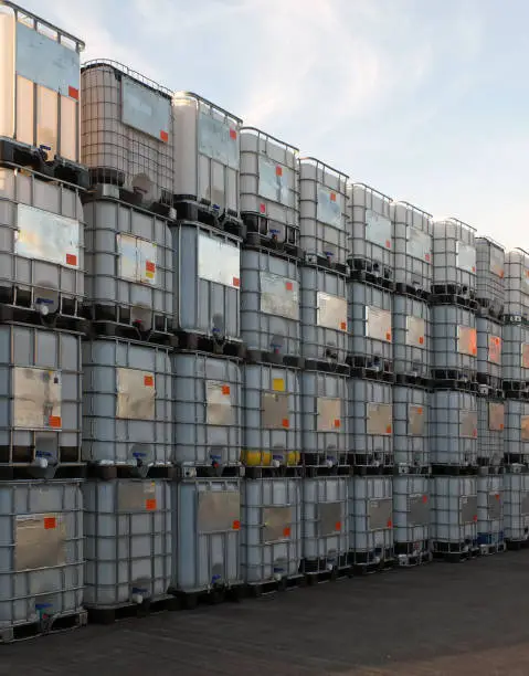 Photo of metal framed intermediate bulk containers stacked on pallets waiting to be cleaned or reused in an industrial yard