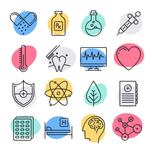 Public Health Challenges Doodle Style Vector Icon Set Modern public health challenges doodle style concept outline symbols. Line vector icon sets for infographics and web designs. patient patterns stock illustrations