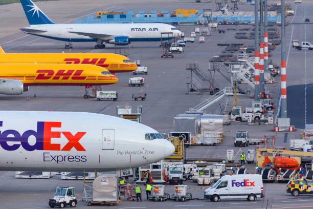 fed ex cargo airplane on ground at cologne bonn airport germany stock photo