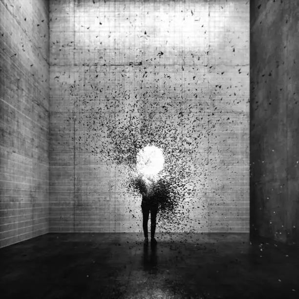 Surreal exploding young woman. This is entirely 3D generated image.