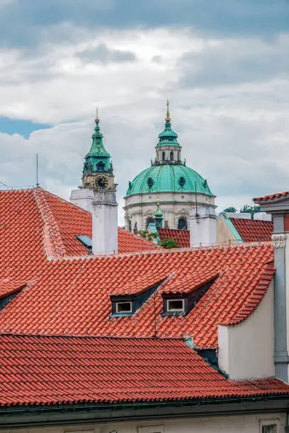 Photo of St. Nicolas church and roofs of Prague