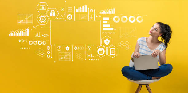 Cyber security themes with woman using a laptop