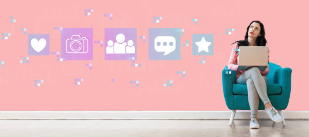istock Social media with woman using a laptop 1134366975