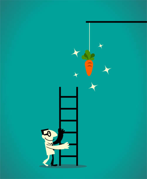 illustrations, cliparts, dessins animés et icônes de homme d'affaires utilisant une échelle pour attraper la carotte balançant à la fin d'un bâton - stick dangling a carrot carrot motivation