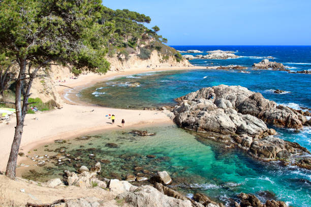 vista principal da praia "cala estreta", um dos locais mais escondidos e belos de "la costa brava", uma incrível costa mediterrânica no litoral nordeste da catalunha, espanha - mediterranean countries gerona catalonia spain - fotografias e filmes do acervo