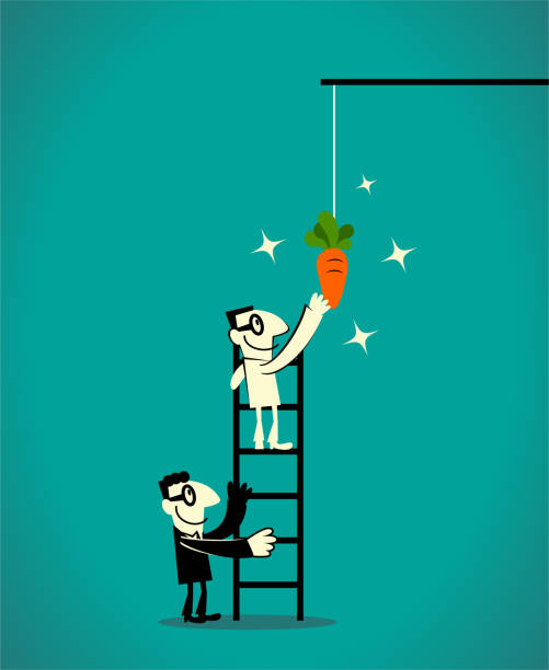 illustrations, cliparts, dessins animés et icônes de deux hommes d'affaires utilisant une échelle pour attraper la carotte balançant à la fin d'un bâton - stick dangling a carrot carrot motivation