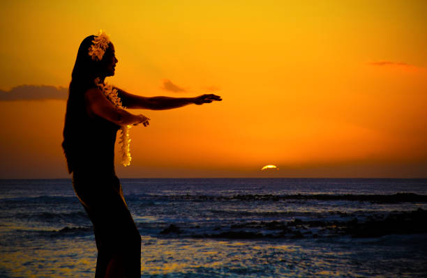 Hula Dancer on Hawaiian Beach at Sunset with Copy Space A Hula dancer dancing on the tropical beach of Hawaii at sunset. Photographed in Kauai, Hawaii. luau stock pictures, royalty-free photos & images