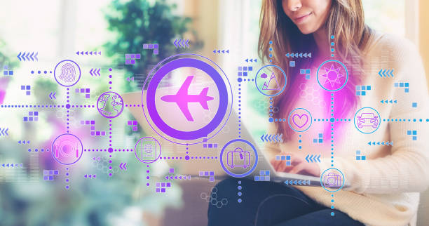 istock Airplane travel theme with woman using a laptop 1134373829
