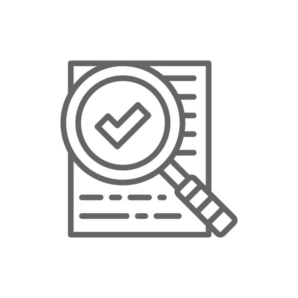 Vector magnify glass with contract, approved loan, document with check mark, checklist, consent, qualified line icon. Vector magnify glass with contract, approved loan, document with check mark, checklist, consent, qualified line icon. Symbol and sign illustration design. Isolated on white background qualified report stock illustrations