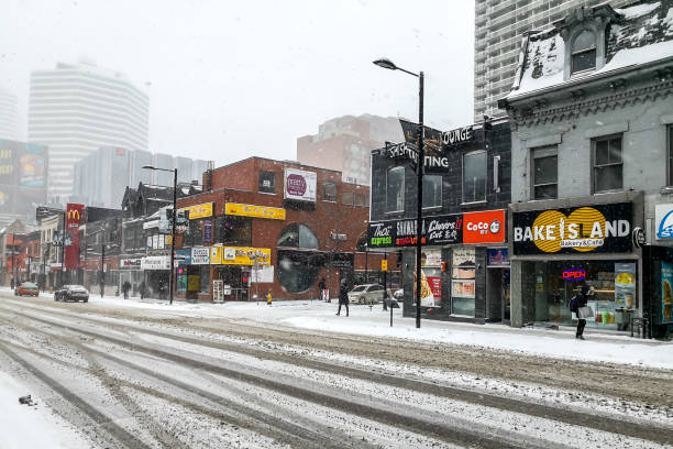 人們在永格街的雪中散步, 從加拿大多倫多的傑拉德街 e 向南走。 - gerrard 個照片及圖片  檔