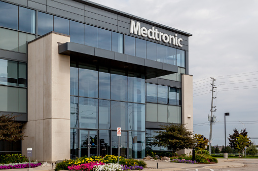 Brampton, Ontario, Canada- August 25, 2018: Entrance of Medtronic Canada Headquarters in Brampton, Ontario, Canada.  Medtronic is among the world's largest medical equipment development companies.