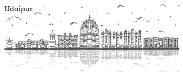 Outline Udaipur India City Skyline with Historical Buildings and Reflections Isolated on White. Outline Udaipur India City Skyline with Historical Buildings and Reflections Isolated on White. Vector Illustration. Udaipur Cityscape with Landmarks. udaipur stock illustrations