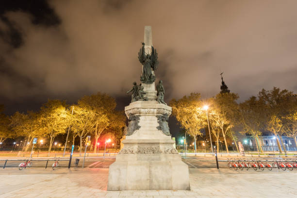 Columbus Monument Colon column in Barcelona waterfront near las Ramblas built in 1888, Catalonia of Spain. The Columbus Monument column rises prominently capturing the essence of the city.