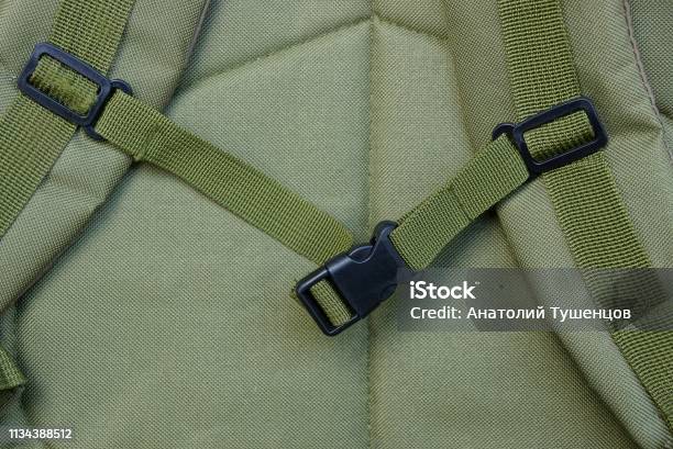 Black Carbine Latch On The Harness On The Green Matter Of The Backpack Stock Photo - Download Image Now