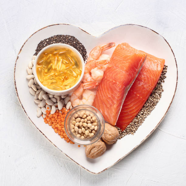 sources of omega 3 - nutritional supplement salmon food flax imagens e fotografias de stock