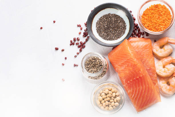 sources of omega 3 - nutritional supplement salmon food flax imagens e fotografias de stock