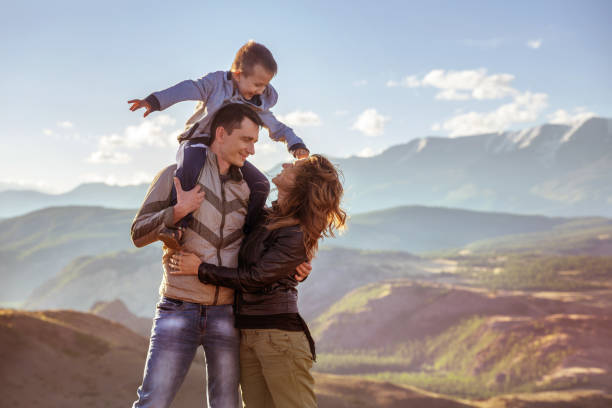 istock Happy family with son in mountains 1134395110