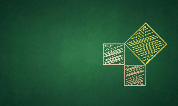 A figure representing pythagorean theorem,  a right angled triangle formed with the joined vertices of three squares over a green colored black board A grungy gradient blackboard with a diagram of a right angled isosceles triangle formed by three squares connected at the vertices. The diagram represents three squares denoting that sum of squares of two sides is equal to the square of the third side. Two squares in peach and orange color chalk lines form the the base and altitude or perpendicular and one side of slightly bigger yellow colored square placed tilted forms the hypotenuse. The geometric figure is hand drawn in peach, yellow and orange colored chalks. The lines of the sides are very neatly drawn. The squares are filled with scribble, scribbles or scribbling marks. The drawing is to the right in the frame and copyspace to the left. No people. The blackboard has a green gradient with dark corners and sides while the middle or center is in a lighter tone pythagoras stock illustrations
