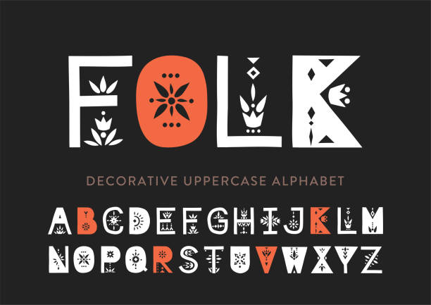 Vector display uppercase alphabet decorated with geometric folk patterns. Vector display uppercase alphabet decorated with geometric folk patterns. carving craft product stock illustrations