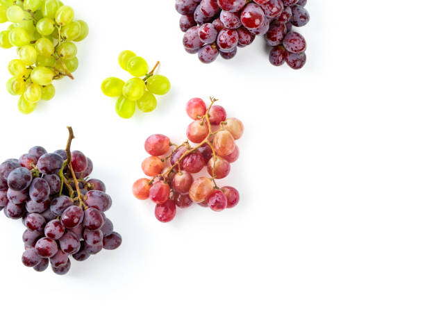 istock Layout with various fresh bunches of grapes isolated on white background with copy space 1134401760