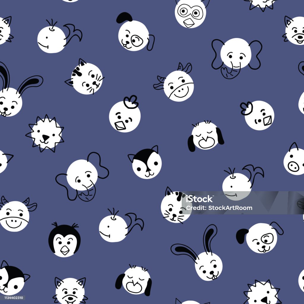 Polka dot animals seamless vector background. Cute kids pattern white circles with animal faces on blue. Simple doodle design for children.  Use for  kids decor, wallpaper, fabric. Polka dot animals seamless vector background. Cute kids pattern white circles with animal faces on blue. Simple doodle design for children.  Use for  kids decor, wallpaper, fabric Abstract stock vector