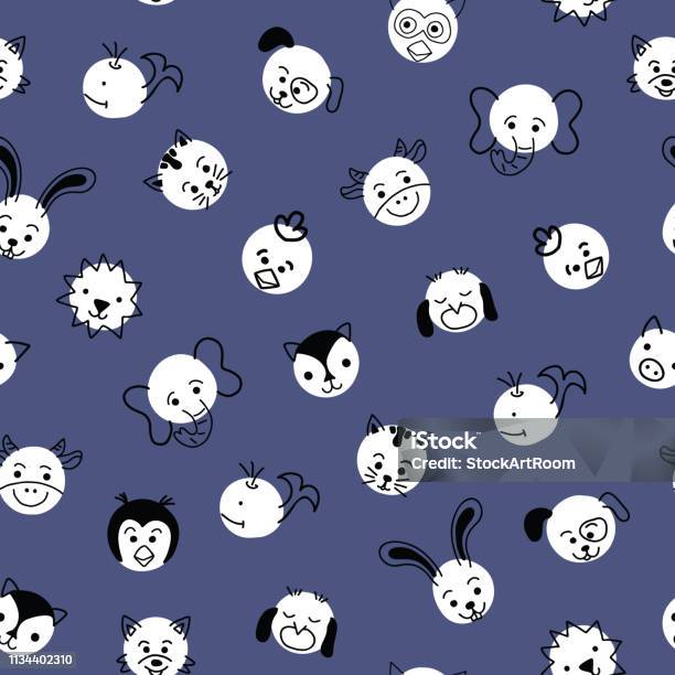 Polka Dot Animals Seamless Vector Background Cute Kids Pattern White Circles With Animal Faces On Blue Simple Doodle Design For Children Use For Kids Decor Wallpaper Fabric Stock Illustration - Download Image Now