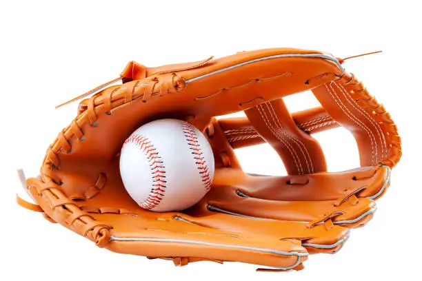 America s pastime, sporting equipment and american sports concept with a new generic baseball glove and holding a ball isolated on white background with a clipping path cut out