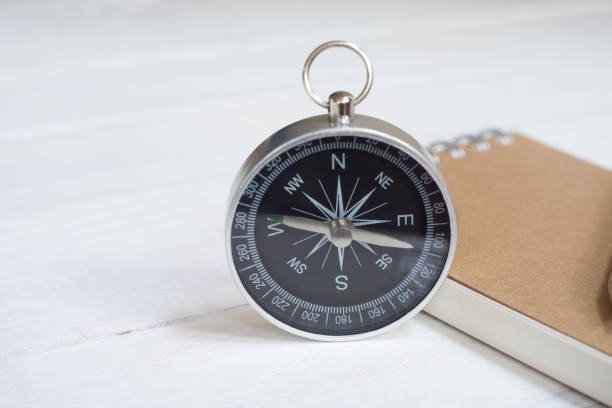 istock Compass and brown notebook on white wooden table background, journey planning concept, copy space 1134419681