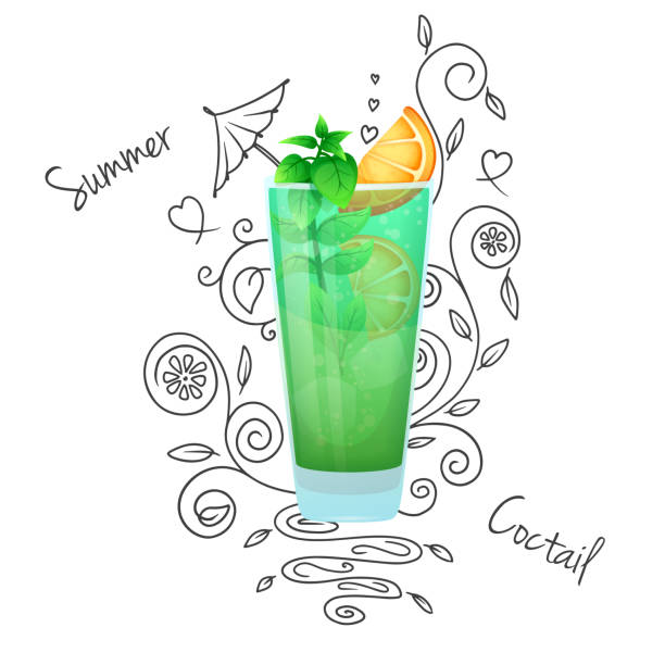 ilustrações de stock, clip art, desenhos animados e ícones de realistic cocktail on a white background with a doodle, pattern. vector illustration - margarita cocktail drink umbrella drink