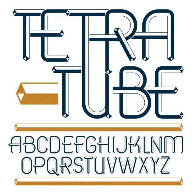 Vector illustration of Set of trendy fun  vector capital English alphabet letters isolated. Special type font, script from a to z can be used for emblem creation. Made with 3d tetra tube design, industry style.