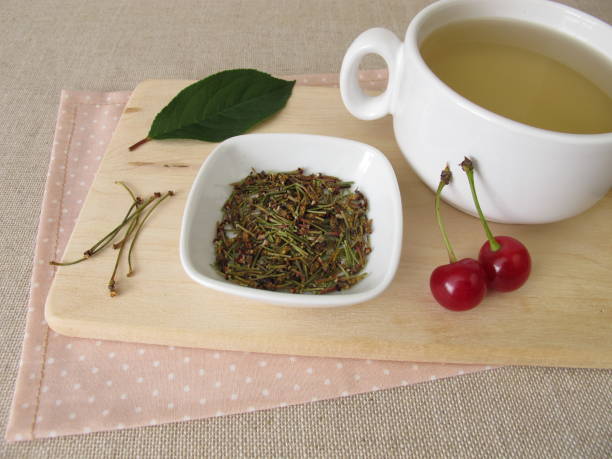 Herbal tea from dried cherry stems stock photo