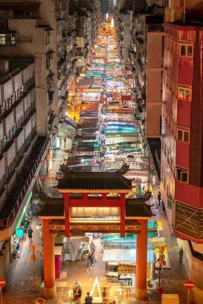 Aerial View of Temple street night flea market illumination in Kowloon Hong Kong