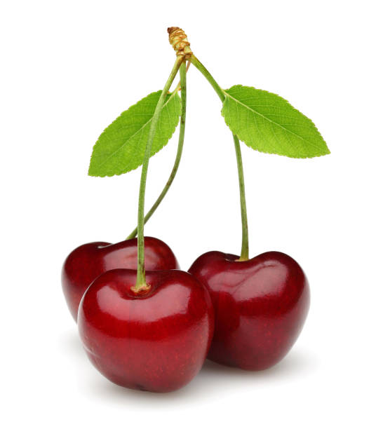 istock Ripe red cherries with green leaves isolated 1134427358