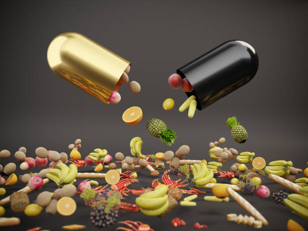 Vitamin Supplements An opening capsule and falling down foods, fruits. ( 3d render ) diet pills stock pictures, royalty-free photos & images