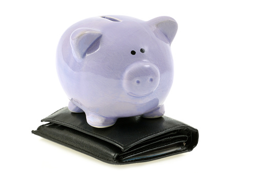 economy concept with a portfolio and piggy bank in close-up on a white background