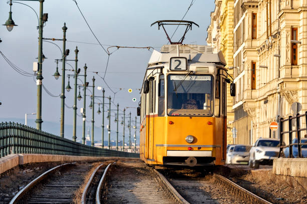 Typical Yellow Tram on the Danube Riverside in Budapest, Hungary
