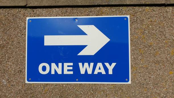 istock White arrow and one way on blue background road sign 1134430405