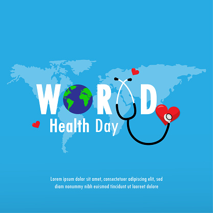 World health day concept text design with doctor stethoscope and heart.Vector Illustration.