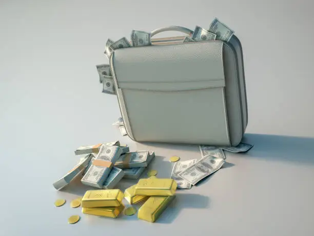 Briefcase brimming with dollars and gold