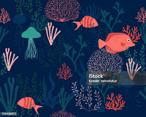 Meereslebewintergrund Nahtlos Vektordarstellung Stock Vektor Art und mehr Bilder von Fisch - Fisch, Koralle - Nesseltier, Muster